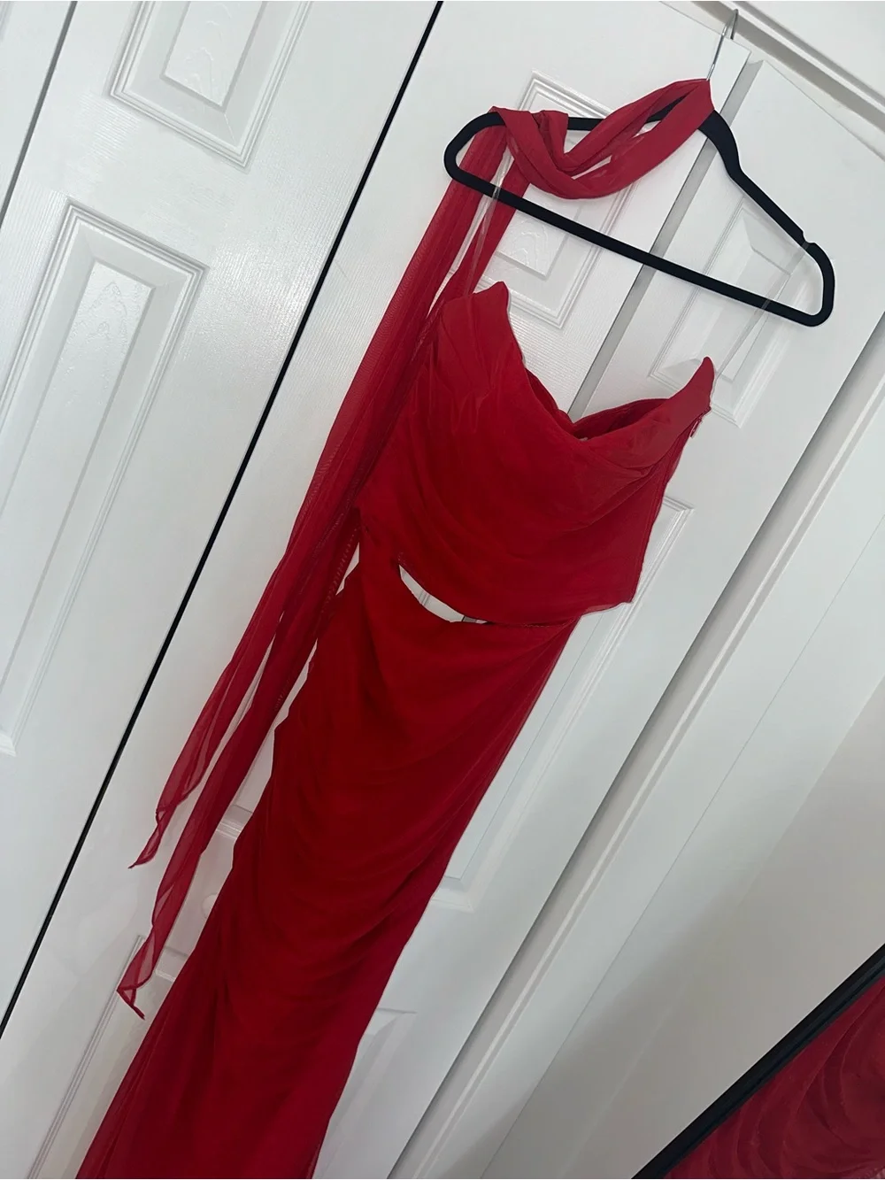 House of CB Red “Cassidy” Maxi Skirt and “Hallie” Corset with Scarf -Two Piece